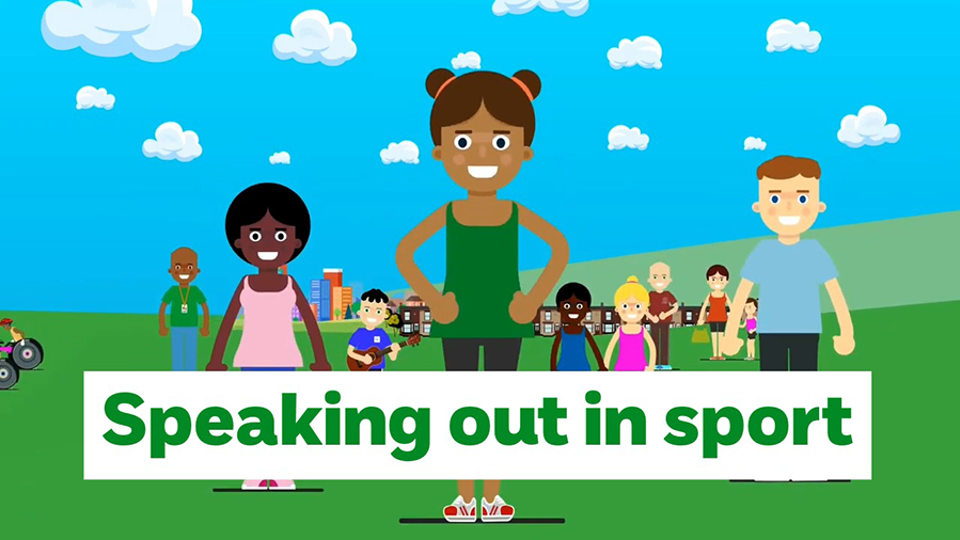 Title card of video showing cartoon children and the words 'Speaking out in sport'